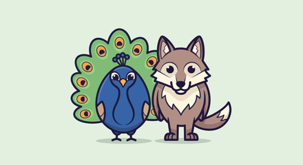 Illustration of a blue peacock with a large green tail and a brown wolf, side-by-side