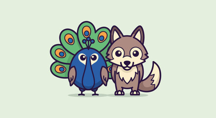Cartoon illustration of a peacock with a fanned tail beside a friendly wolf