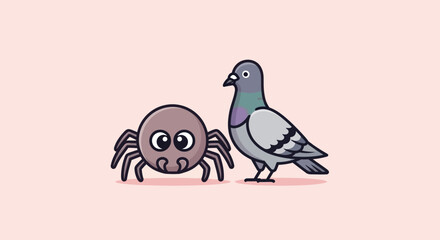 A cartoon spider and pigeon stand on a pink background. They have a cute, friendly look
