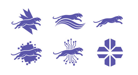 A collection of six blue-purple stylized running panther designs on a white background