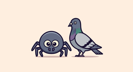 A cartoon spider and pigeon stand side-by-side on a cream background