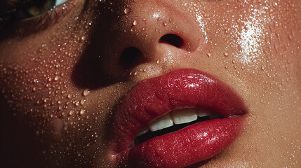 Close-up of woman's face with glossy lips, teeth, and water droplets on skin in low light conditions for skincare or beauty concept.