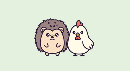 A cartoon hedgehog and chicken stand together on a light green background