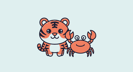 A cartoon tiger with black stripes and a crab are in a cute illustration