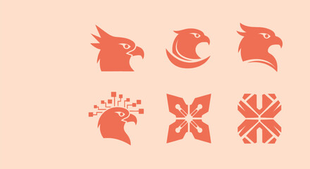 Six stylized orange illustrations, mostly bird heads and geometric designs on a beige background
