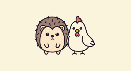 A cartoon hedgehog and a chicken stand together against a light background