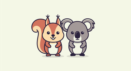 Cartoon depiction of a squirrel and a koala standing side-by-side, on a light yellow background