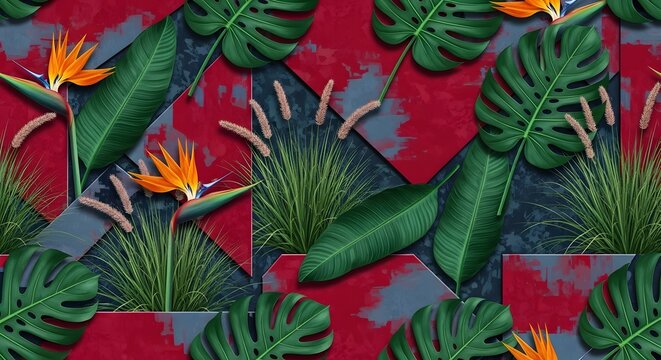Vibrant tropical pattern featuring monstera leaves, bird of paradise flowers, and lush greenery against a textured geometric background, creating a lively and exotic design