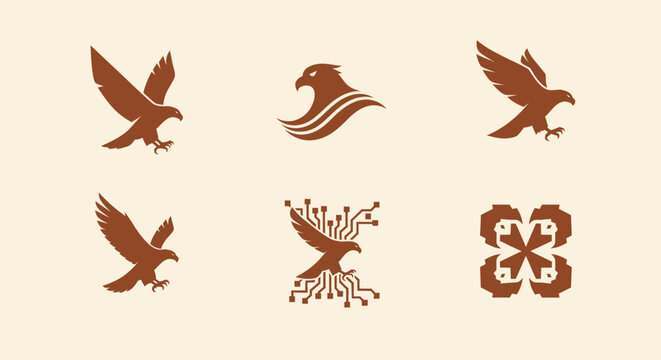 Brown eagle silhouettes on cream background flying, crest, circuit design, and ornamental forms