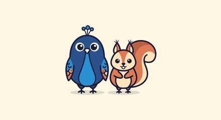 Cartoon peacock and squirrel, pixel art style, on cream background, friendly expressions