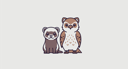 A ferret and owl illustration, simple style, with white background