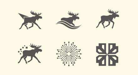 Six gray logo designs on cream background; moose icons and geometric/electronic symbols