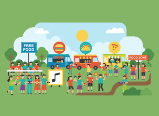 Naklejka premium Vector illustration of a summer street food festival poster featuring men and women strolling between trucks and stalls, purchasing homemade meals, and enjoying food and drinks for a seasonal event