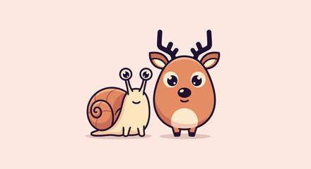 A cartoon snail and deer stand side-by-side on a pink background. They have big eyes