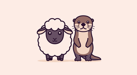 Illustration of a sheep and an otter. Sheep is puffy. Otter stands up. Both have friendly expressions