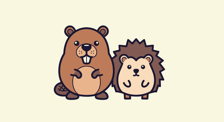 A cartoon beaver and hedgehog stand together against a solid light background