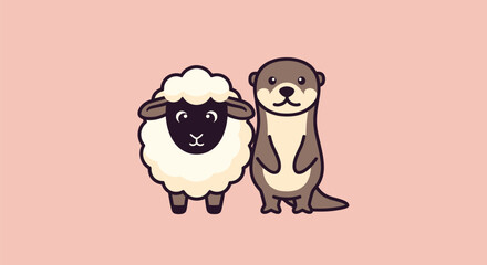 A cartoon sheep stands beside an otter, both with smiling faces, on a pink background