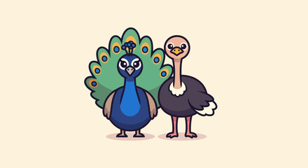 Illustration features a peacock with a fanned tail, next to a tall ostrich