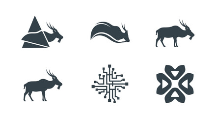 Six dark silhouettes antelope designs, tech circuit, and a floral-like shape on a white background