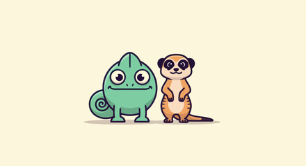 Cartoon image features a green chameleon and a meerkat standing side-by-side