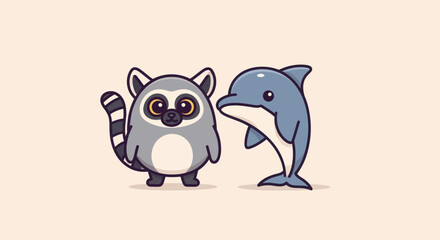 Cartoon illustration featuring a raccoon-like animal and a dolphin on a neutral background