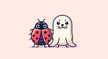 A stylized cartoon ladybug and seal stand side-by-side on a light-pink background
