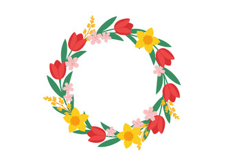 Naklejka premium A circular wreath of vibrant seasonal garden flowers and leaves, featuring “Spring Sale” lettering inside, serves as a natural springtime decoration in a modern flat floral illustration style