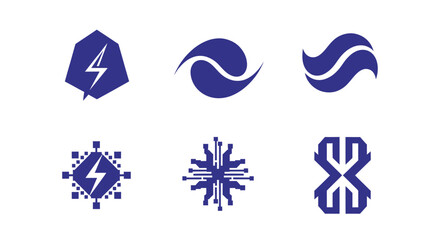 Six various blue graphic designs on white background, featuring lightning bolts and abstract shapes