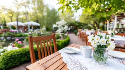Inviting outdoor garden restaurant space with empty tables, lush green plants, and a charming pond, perfect for relaxing