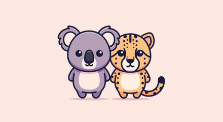 A cartoon koala and cheetah stand together, holding hands, on a pink background