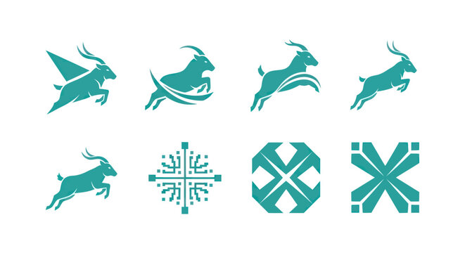 Eight teal-colored designs on white. Jumping animals and geometric shapes are depicted