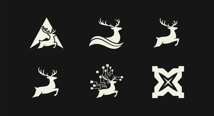 Six deer logo variations in a minimalist style with a dark background