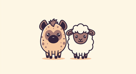 Cartoon illustration featuring a spotted hyena and a fluffy sheep side-by-side