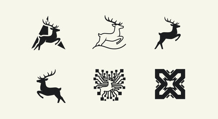 Six stylized deer icons in various poses, including geometric and circuit-board designs