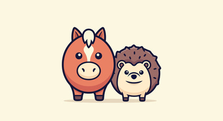 A cute horse and a smiling hedgehog standing side-by-side on a light beige background