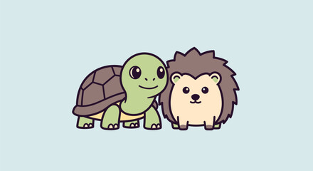 Cartoon illustration featuring a friendly turtle and hedgehog on a light blue background