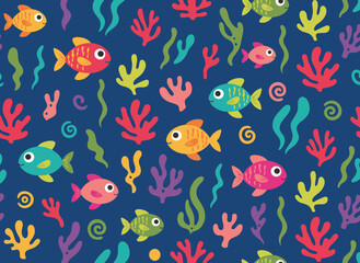 Obraz premium A seamless pattern of sea fishes, an endless marine background with cute underwater animals and aquarium species, tropical ocean fauna in a repeating print and texture design, rendered as a colored