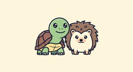 Cartoon turtle and hedgehog together, smiling, on a light yellow background