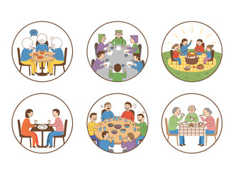 Fototapeta premium Top‑view flat vector illustrations of people, families, and friends sitting together at a table, eating dinner at home or in restaurants, set against a white background