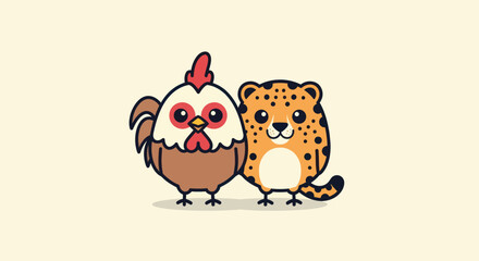 A cartoon chicken and leopard friend side-by-side on a light cream background