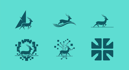Teal antelope logos with abstract geometric backgrounds, various poses