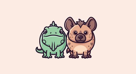Two cartoon animals a green frog/lizard and a spotted hyena, facing forward