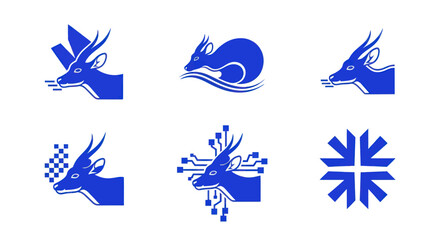 Six blue logos with stylized deer/antelope profiles, plus a geometric shape on a white background