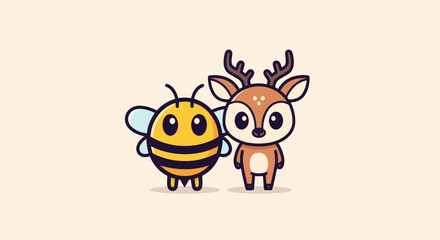 A cheerful illustration of a cute bee and deer standing side-by-side on a plain background