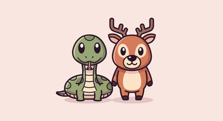 Cute cartoon illustration of a snake and deer, standing close against a soft pink backdrop