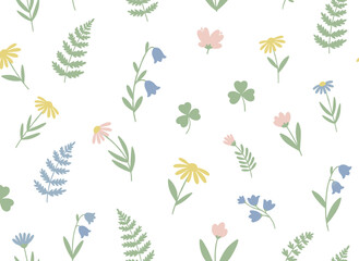 Fototapeta premium An uninterrupted backdrop featuring a repeating botanical design of wild flowers, spring and summer herbs, and floral herbal plants, rendered as a colored flat vector illustration for fabric and