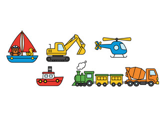 A set of children’s transport toys featuring a charming nursery train, ship, sailboat, excavator, truck, and helicopter for play and fun, presented as flat vector illustrations in a kindergarten