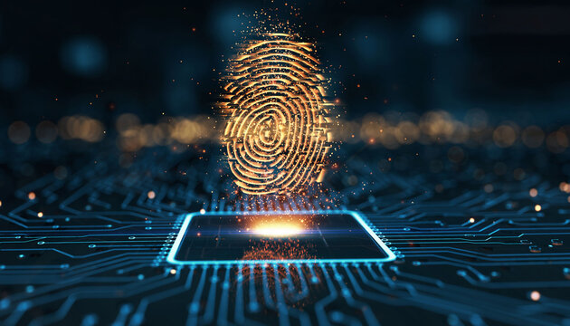 Futuristisches, hyperrealistisches Konzept eines Fingerabdrucks und einer digitalen Schaltkreistechnologie