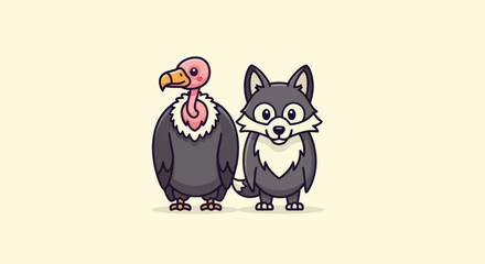 A stylized cartoon illustration of a vulture and a wolf standing side-by-side