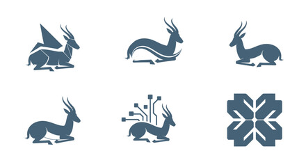 Six stylized illustrations of a gazelle in various designs and a geometric shape